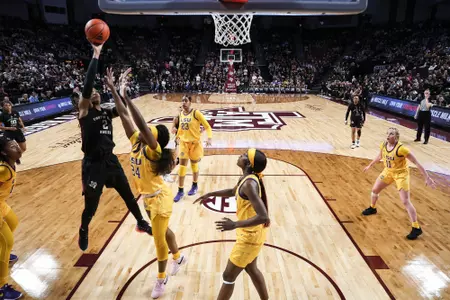 COLLEGE STATION, TX - February 19, 2024 - Forward Janiah Barker #2 of the Texas A&M Aggies during the game between the LSU Tigers and the Texas A&M Aggies at Reed Arena in College Station, TX. Photo By Craig Bisacre/Texas A&M Athletics