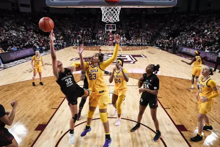 COLLEGE STATION, TX - February 19, 2024 - Forward Lauren Ware #32 of the Texas A&M Aggies during the game between the LSU Tigers and the Texas A&M Aggies at Reed Arena in College Station, TX. Photo By Craig Bisacre/Texas A&M Athletics