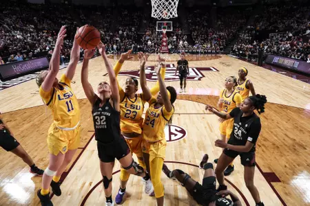 COLLEGE STATION, TX - February 19, 2024 - Forward Lauren Ware #32 of the Texas A&M Aggies during the game between the LSU Tigers and the Texas A&M Aggies at Reed Arena in College Station, TX. Photo By Craig Bisacre/Texas A&M Athletics