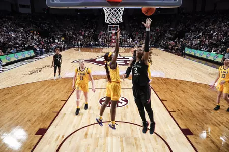 COLLEGE STATION, TX - February 19, 2024 - Forward Janiah Barker #2 of the Texas A&M Aggies during the game between the LSU Tigers and the Texas A&M Aggies at Reed Arena in College Station, TX. Photo By Craig Bisacre/Texas A&M Athletics