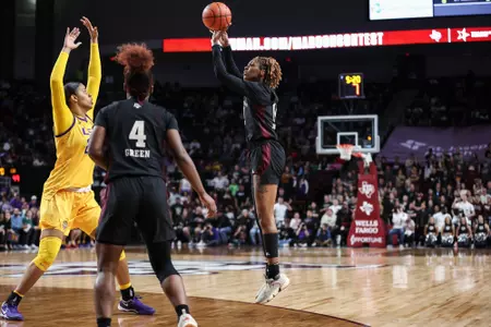 COLLEGE STATION, TX - February 19, 2024 - Forward Maliyah Johnson #14 of the Texas A&M Aggies during the game between the LSU Tigers and the Texas A&M Aggies at Reed Arena in College Station, TX. Photo By Aiden Shertzer/Texas A&M Athletics