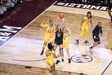 COLLEGE STATION, TX - February 19, 2024 - Forward Lauren Ware #32 of the Texas A&M Aggies during the game between the LSU Tigers and the Texas A&M Aggies at Reed Arena in College Station, TX. Photo By Craig Bisacre/Texas A&M Athletics