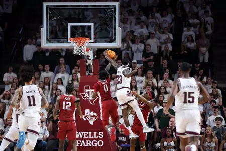 COLLEGE STATION, TX - February 20, 2024 - Guard Tyrece Radford #23 of the Texas A&M Aggies during the game between the Arkansas Razorbacks and the Texas A&M Aggies at Reed Arena in College Station, TX. Photo By Craig Bisacre/Texas A&M Athletics
