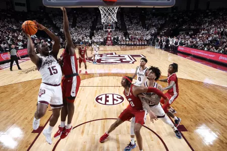 COLLEGE STATION, TX - February 20, 2024 - Forward Henry Coleman #15 of the Texas A&M Aggies during the game between the Arkansas Razorbacks and the Texas A&M Aggies at Reed Arena in College Station, TX. Photo By Craig Bisacre/Texas A&M Athletics