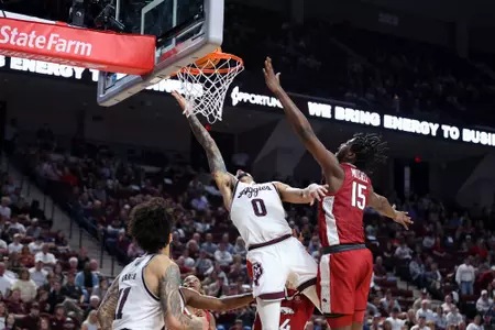 COLLEGE STATION, TX - February 20, 2024 - Guard Jace Carter #0 of the Texas A&M Aggies during the game between the Arkansas Razorbacks and the Texas A&M Aggies at Reed Arena in College Station, TX. Photo By Craig Bisacre/Texas A&M Athletics