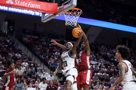 COLLEGE STATION, TX - February 20, 2024 - Guard Tyrece Radford #23 of the Texas A&M Aggies during the game between the Arkansas Razorbacks and the Texas A&M Aggies at Reed Arena in College Station, TX. Photo By Craig Bisacre/Texas A&M Athletics