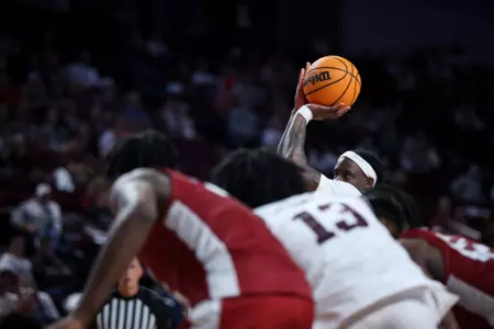COLLEGE STATION, TX - February 20, 2024 - Guard Manny Obaseki #35 of the Texas A&M Aggies during the game between the Arkansas Razorbacks and the Texas A&M Aggies at Reed Arena in College Station, TX. Photo By Craig Bisacre/Texas A&M Athletics