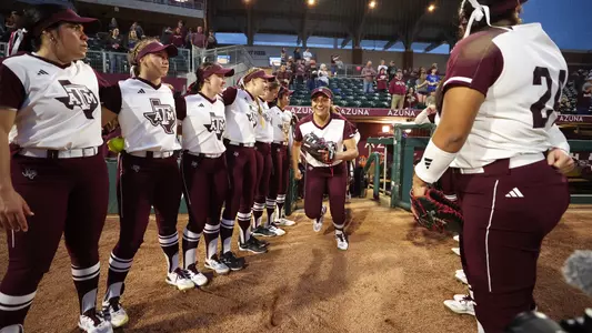 COLLEGE STATION, TX - February 09, 2024 - Jaz Hill #77 of the Texas A&M Aggies during the game between the Lehigh Mountain Hawks and the Texas A&M Aggies at Davis Diamond in College Station, TX. Photo By Evan Pilat/Texas A&M Athletics