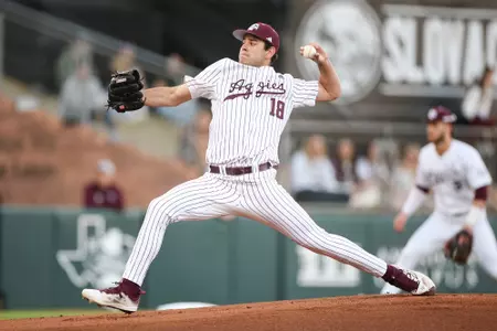 COLLEGE STATION, TX - February 23, 2024 - Pitcher Ryan Prager #18 of the Texas A&M Aggies during the game between the Wagner Seahawks and the Texas A&M Aggies at Blue Bell Park in College Station, TX. Photo By Rachel Mahan/Texas A&M Athletics