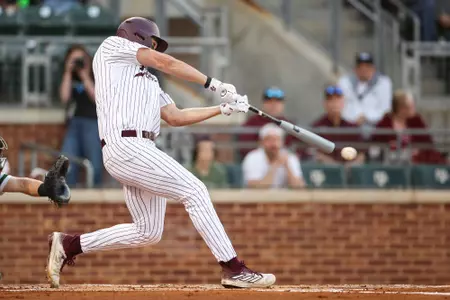 COLLEGE STATION, TX - February 23, 2024 - Outfielder Jace Laviolette #17 of the Texas A&M Aggies during the game between the Wagner Seahawks and the Texas A&M Aggies at Blue Bell Park in College Station, TX. Photo By Rachel Mahan/Texas A&M Athletics