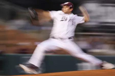 COLLEGE STATION, TX - February 23, 2024 - Pitcher Ryan Prager #18 of the Texas A&M Aggies during the game between the Wagner Seahawks and the Texas A&M Aggies at Blue Bell Park in College Station, TX. Photo By Rachel Mahan/Texas A&M Athletics