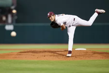 COLLEGE STATION, TX - February 23, 2024 - Pitcher Ryan Prager #18 of the Texas A&M Aggies during the game between the Wagner Seahawks and the Texas A&M Aggies at Blue Bell Park in College Station, TX. Photo By Zoie Joslin/Texas A&M Athletics