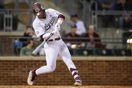 COLLEGE STATION, TX - February 23, 2024 - Infielder/Outfielder Gavin Grahovac #9 of the Texas A&M Aggies during the game between the Wagner Seahawks and the Texas A&M Aggies at Blue Bell Park in College Station, TX. Photo By Rachel Mahan/Texas A&M Athletics