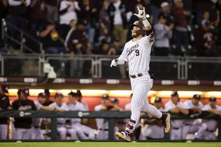 COLLEGE STATION, TX - February 23, 2024 - Infielder/Outfielder Gavin Grahovac #9 of the Texas A&M Aggies during the game between the Wagner Seahawks and the Texas A&M Aggies at Blue Bell Park in College Station, TX. Photo By Rachel Mahan/Texas A&M Athletics
