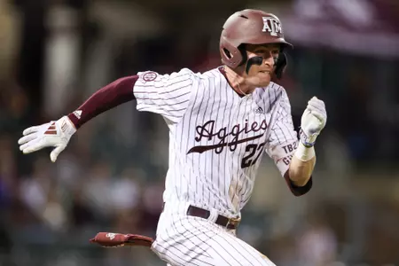 COLLEGE STATION, TX - February 23, 2024 - Infielder Ted Burton #27 of the Texas A&M Aggies during the game between the Wagner Seahawks and the Texas A&M Aggies at Blue Bell Park in College Station, TX. Photo By Rachel Mahan/Texas A&M Athletics