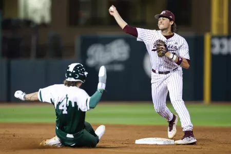 COLLEGE STATION, TX - February 23, 2024 - Infielder Kaeden Kent #3 of the Texas A&M Aggies during the game between the Wagner Seahawks and the Texas A&M Aggies at Blue Bell Park in College Station, TX. Photo By Rachel Mahan/Texas A&M Athletics