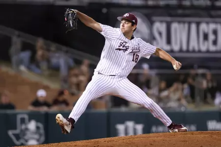COLLEGE STATION, TX - February 23, 2024 - Pitcher Ryan Prager #18 of the Texas A&M Aggies during the game between the Wagner Seahawks and the Texas A&M Aggies at Blue Bell Park in College Station, TX. Photo By Zoie Joslin/Texas A&M Athletics