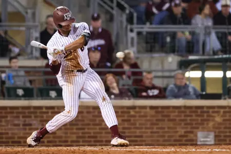 COLLEGE STATION, TX - February 23, 2024 - Outfielder/Pitcher Braden Montgomery #6 of the Texas A&M Aggies during the game between the Wagner Seahawks and the Texas A&M Aggies at Blue Bell Park in College Station, TX. Photo By Zoie Joslin/Texas A&M Athletics