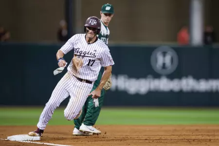 COLLEGE STATION, TX - February 23, 2024 - Outfielder Jace Laviolette #17 of the Texas A&M Aggies during the game between the Wagner Seahawks and the Texas A&M Aggies at Blue Bell Park in College Station, TX. Photo By Rachel Mahan/Texas A&M Athletics