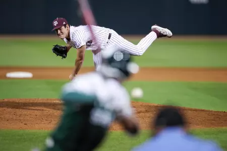 COLLEGE STATION, TX - February 23, 2024 - Pitcher Ryan Prager #18 of the Texas A&M Aggies during the game between the Wagner Seahawks and the Texas A&M Aggies at Blue Bell Park in College Station, TX. Photo By Rachel Mahan/Texas A&M Athletics
