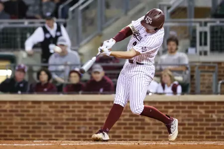 COLLEGE STATION, TX - February 23, 2024 - Catcher Hank Bard #48 of the Texas A&M Aggies during the game between the Wagner Seahawks and the Texas A&M Aggies at Blue Bell Park in College Station, TX. Photo By Zoie Joslin/Texas A&M Athletics