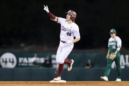 COLLEGE STATION, TX - February 23, 2024 - Catcher Hank Bard #48 of the Texas A&M Aggies during the game between the Wagner Seahawks and the Texas A&M Aggies at Blue Bell Park in College Station, TX. Photo By Zoie Joslin/Texas A&M Athletics