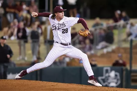 COLLEGE STATION, TX - February 23, 2024 - Pitcher Brett Antolick #28 of the Texas A&M Aggies during the game between the Wagner Seahawks and the Texas A&M Aggies at Blue Bell Park in College Station, TX. Photo By Zoie Joslin/Texas A&M Athletics