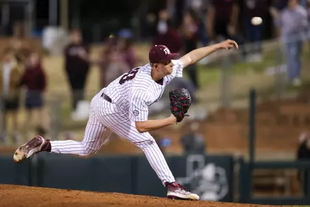 COLLEGE STATION, TX - February 23, 2024 - Pitcher Kaiden Wilson #30 of the Texas A&M Aggies during the game between the Wagner Seahawks and the Texas A&M Aggies at Blue Bell Park in College Station, TX. Photo By Zoie Joslin/Texas A&M Athletics