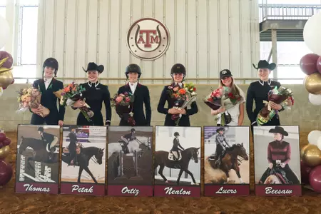 COLLEGE STATION, TX - February 24, 2024 - Seniors during the game between the SMU Mustangs and the Texas A&M Aggies at Hildebrand Equine Complex in College Station, TX. Photo By Rachel Mahan/Texas A&M Athletics