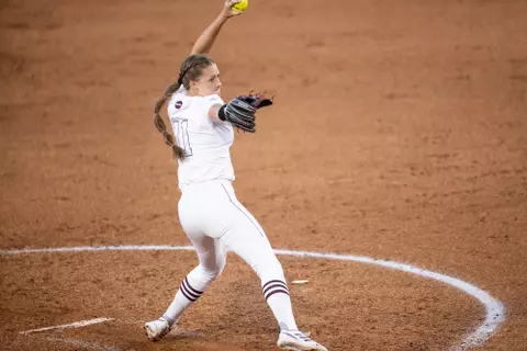 COLLEGE STATION, TX - April 22, 2022 - Pitcher Emily Kennedy #11 of the Texas A&M Aggies during the game between the Alabama Crimson Tide and the Texas A&M Aggies at Davis Diamond in College Station, TX. Photo By Craig Bisacre/Texas A&M Athletics