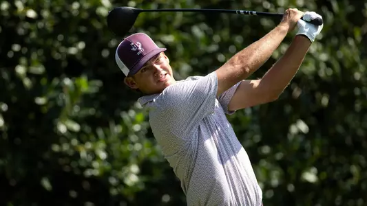 Aaron Pounds holds his back swing on a drive at the Ben Hogan Collegiate