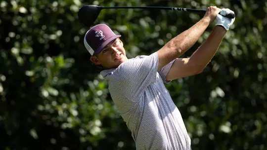 Aaron Pounds holds his back swing on a drive at the Ben Hogan Collegiate