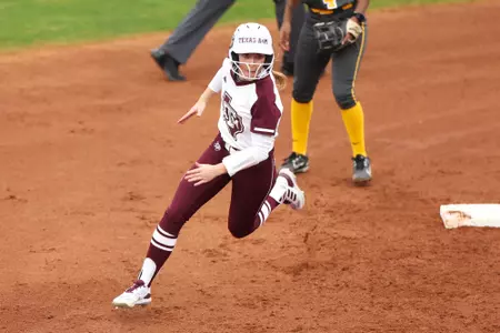 COLLEGE STATION, TX - February 09, 2024 - Hailey Golden #9 of the Texas A&M Aggies during the game between the Valparaiso Crusaders and the Texas A&M Aggies at Davis Diamond in College Station, TX. Photo By Evan Pilat/Texas A&M Athletics