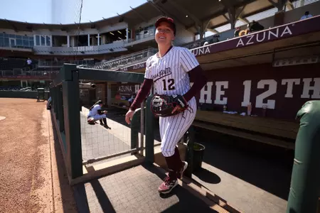 COLLEGE STATION, TX - March 10, 2024 - Paige Lott #12 of the Texas A&M Aggies during the game between the South Carolina Gamecocks and the Texas A&M Aggies at Davis Diamond in College Station, TX. Photo By Evan Pilat/Texas A&M Athletics