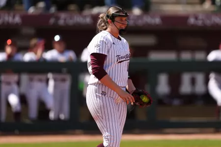 COLLEGE STATION, TX - March 10, 2024 - Brooke Vestal #19 of the Texas A&M Aggies during the game between the South Carolina Gamecocks and the Texas A&M Aggies at Davis Diamond in College Station, TX. Photo By Evan Pilat/Texas A&M Athletics
