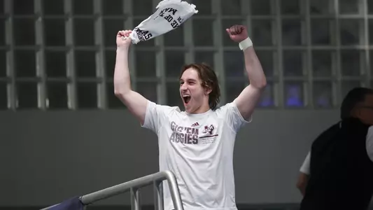 COLLEGE STATION, TX - February 21, 2024 - Allen Bottego of the Texas A&M Aggies during the SEC Swimming and Diving Championships game at Rec Center Natatorium in College Station, TX. Photo By Ethan Mito/Texas A&M Athletics