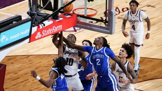 COLLEGE STATION, TX - January 13, 2024 - Forward Wildens Leveque #10 of the Texas A&M Aggies during the game between the Kentucky Wildcats and the Texas A&M Aggies at Reed Arena in College Station, TX. Photo By Sydney Morriss