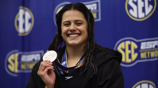 Miranda Grana of the Texas A&M Aggies during the SEC Swimming and Diving Championships. Photo By Ethan Mito/Texas A&M Athletics