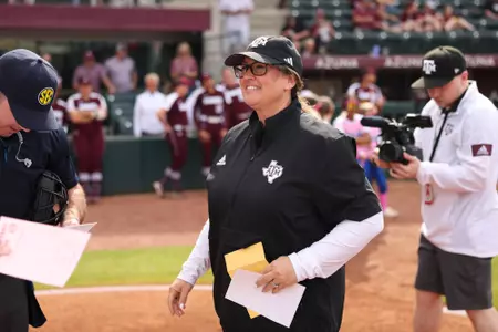 COLLEGE STATION, TX - March 23, 2024 - Head Coach Trisha Ford of the Texas A&M Aggies during the game between the Auburn Tigers and the Texas A&M Aggies at Davis Diamond in College Station, TX. Photo By Evan Pilat/Texas A&M Athletics