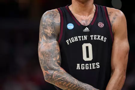 MEMPHIS, TN - March 22, 2024 - Guard Jace Carter #0 of the Texas A&M Aggies during the First Round of the MenÕs NCAA Tournament game between the Nebraska Cornhuskers and the Texas A&M Aggies at FedEx Forum in Memphis, TN. TX. Photo By Craig Bisacre/Texas A&M Athletics