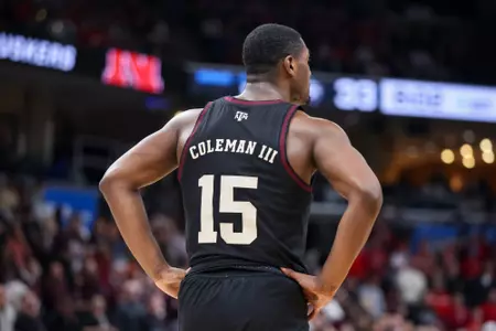 MEMPHIS, TN - March 22, 2024 - Forward Henry Coleman #15 of the Texas A&M Aggies during the First Round of the MenÕs NCAA Tournament game between the Nebraska Cornhuskers and the Texas A&M Aggies at FedEx Forum in Memphis, TN. TX. Photo By Craig Bisacre/Texas A&M Athletics