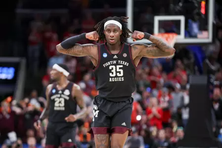 MEMPHIS, TN - March 22, 2024 - Guard Manny Obaseki #35 of the Texas A&M Aggies during the First Round of the MenÕs NCAA Tournament game between the Nebraska Cornhuskers and the Texas A&M Aggies at FedEx Forum in Memphis, TN. TX. Photo By Craig Bisacre/Texas A&M Athletics