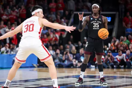 MEMPHIS, TN - March 22, 2024 - Guard Manny Obaseki #35 of the Texas A&M Aggies during the First Round of the MenÕs NCAA Tournament game between the Nebraska Cornhuskers and the Texas A&M Aggies at FedEx Forum in Memphis, TN. TX. Photo By Craig Bisacre/Texas A&M Athletics