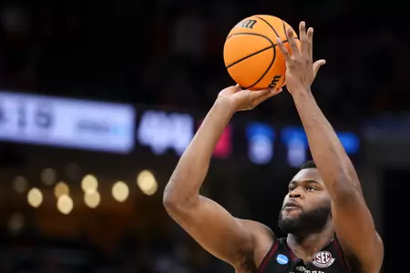 MEMPHIS, TN - March 22, 2024 - Forward Wildens Leveque #10 of the Texas A&M Aggies during the First Round of the MenÕs NCAA Tournament game between the Nebraska Cornhuskers and the Texas A&M Aggies at FedEx Forum in Memphis, TN. TX. Photo By Craig Bisacre/Texas A&M Athletics
