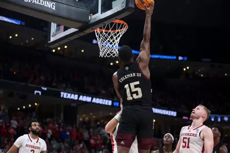 MEMPHIS, TN - March 22, 2024 - Forward Henry Coleman #15 of the Texas A&M Aggies during the First Round of the MenÕs NCAA Tournament game between the Nebraska Cornhuskers and the Texas A&M Aggies at FedEx Forum in Memphis, TN. TX. Photo By Craig Bisacre/Texas A&M Athletics