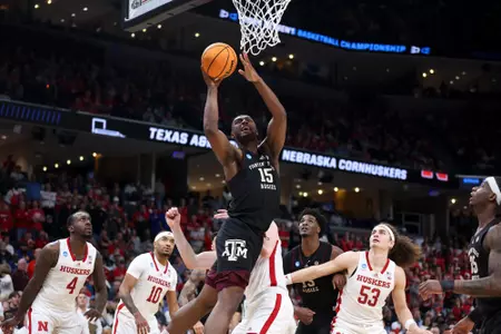 MEMPHIS, TN - March 22, 2024 - Forward Henry Coleman #15 of the Texas A&M Aggies during the First Round of the MenÕs NCAA Tournament game between the Nebraska Cornhuskers and the Texas A&M Aggies at FedEx Forum in Memphis, TN. TX. Photo By Craig Bisacre/Texas A&M Athletics