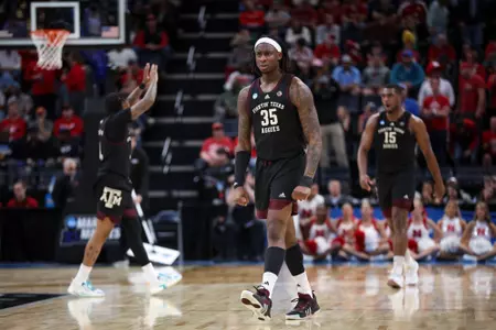 MEMPHIS, TN - March 22, 2024 - Guard Manny Obaseki #35 of the Texas A&M Aggies during the First Round of the MenÕs NCAA Tournament game between the Nebraska Cornhuskers and the Texas A&M Aggies at FedEx Forum in Memphis, TN. TX. Photo By Craig Bisacre/Texas A&M Athletics