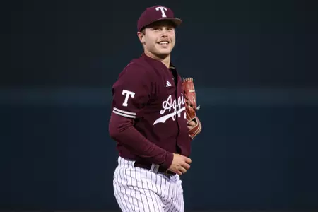 COLLEGE STATION, TX - March 26, 2024 - Pitcher Brad Rudis #32 of the Texas A&M Aggies during the game between the Houston Christian Huskies and the Texas A&M Aggies at Blue Bell Park in College Station, TX. Photo By Ethan Mito/Texas A&M Athletics