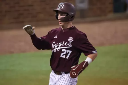 COLLEGE STATION, TX - March 26, 2024 - Infielder Ted Burton #27 of the Texas A&M Aggies during the game between the Houston Christian Huskies and the Texas A&M Aggies at Blue Bell Park in College Station, TX. Photo By Ethan Mito/Texas A&M Athletics