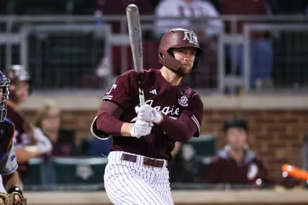 COLLEGE STATION, TX - March 26, 2024 - Outfielder Hayden Schott #5 of the Texas A&M Aggies during the game between the Houston Christian Huskies and the Texas A&M Aggies at Blue Bell Park in College Station, TX. Photo By Ethan Mito/Texas A&M Athletics